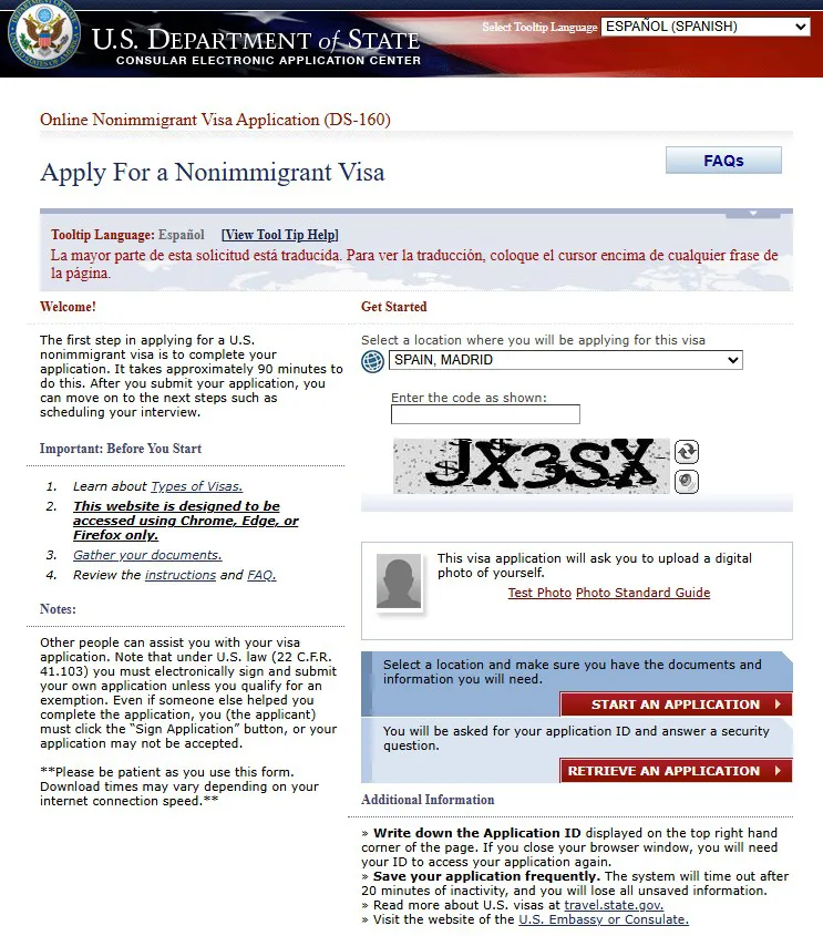 Website for completing the DS-160 form