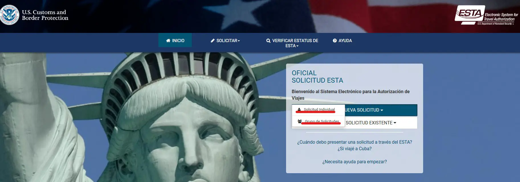 Página oficial ESTA