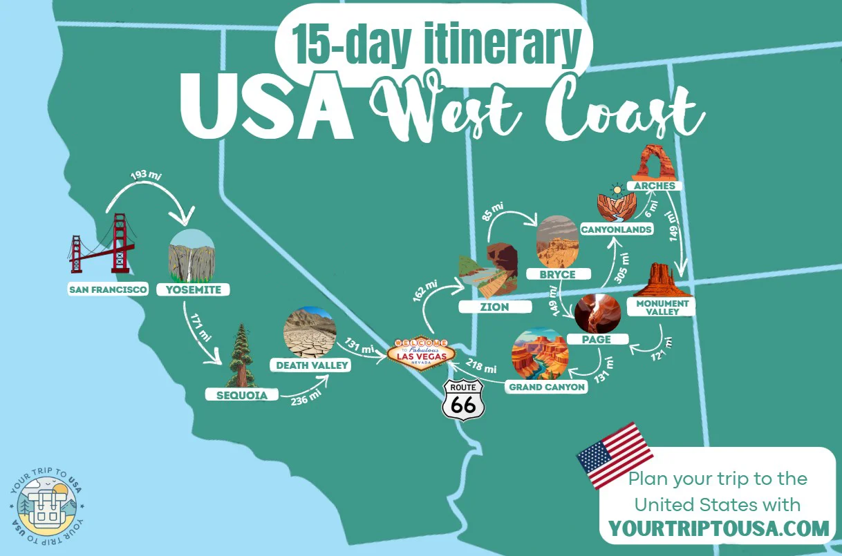 USA West Coast road trip map